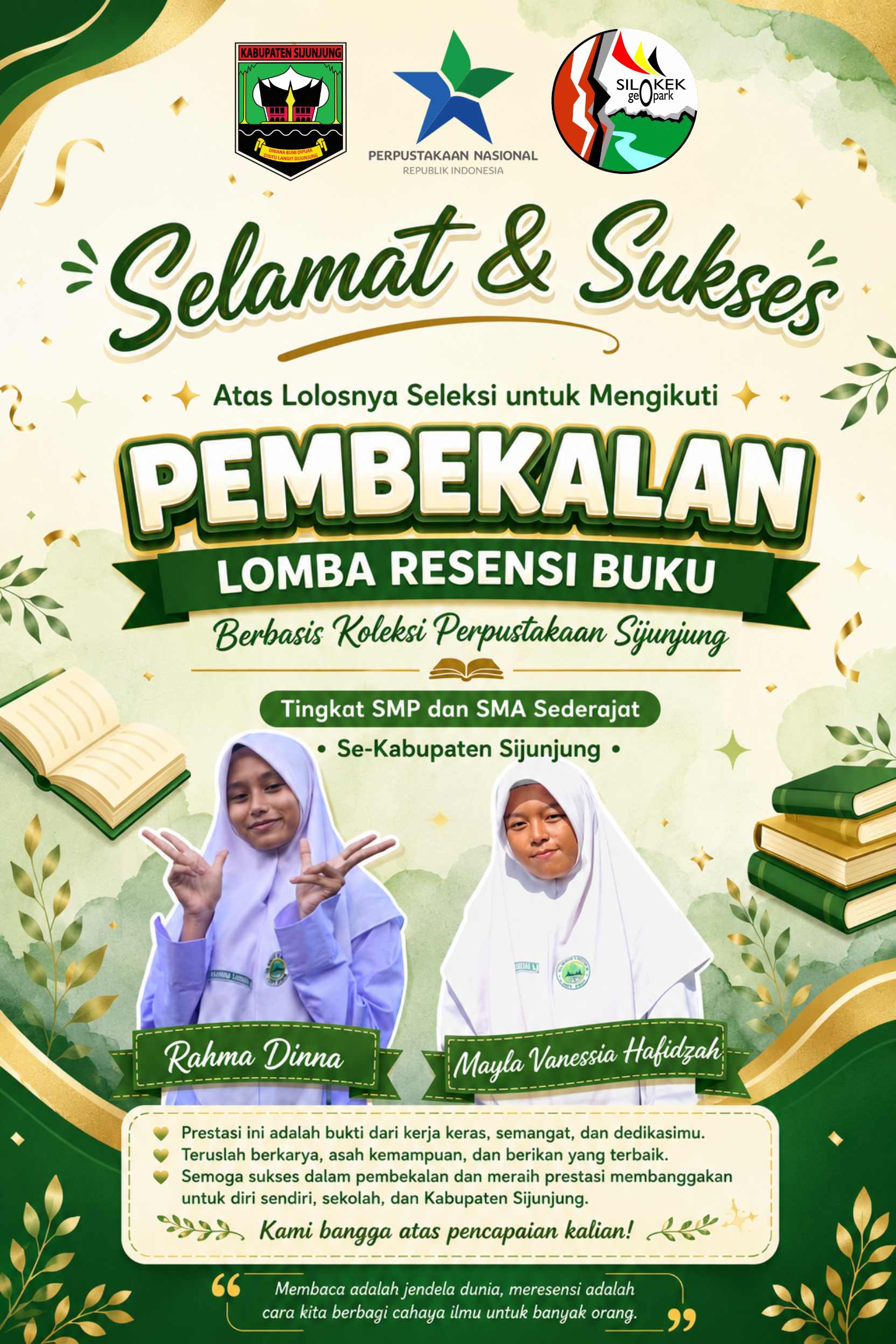 Dua Siswi SMAN 12 Sijunjung Lolos Seleksi Pembekalan Lomba Resensi Buku Tingkat Kabupaten