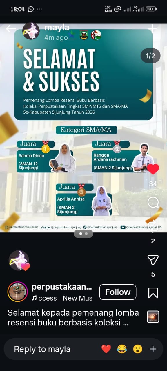 Siswi SMAN 12 Sijunjung Raih Juara 1 Lomba Resensi Buku Tingkat Kabupaten